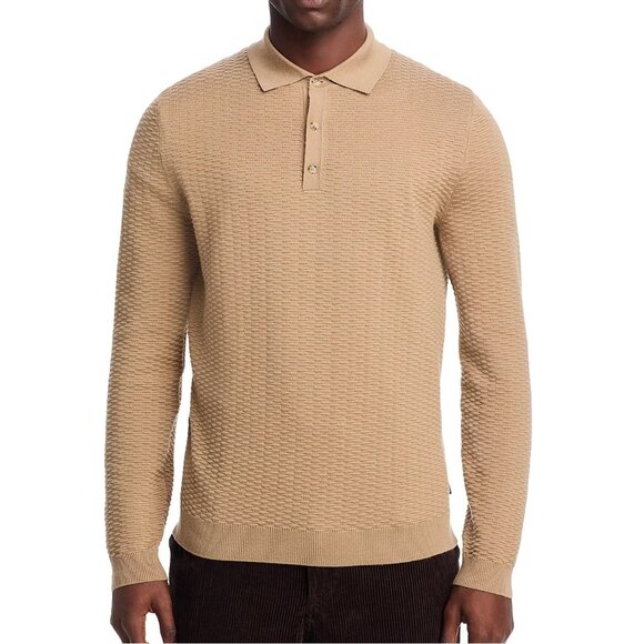 Hugo Boss Men's Long Sleeve BOSS Diluigi Textured Knit Polo Sweater Open Beige - Picture 5 of 7